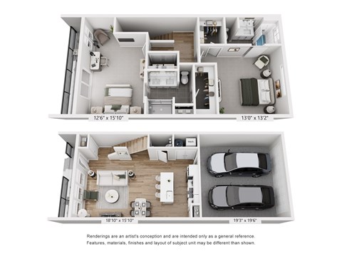 Floor plan for 2 beds, 2.5 baths, 1374 sqft